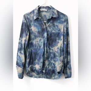 Zara Blue  Tie-Dye Button up Shirt XS Raw Hem Long Sleeves No Buttons